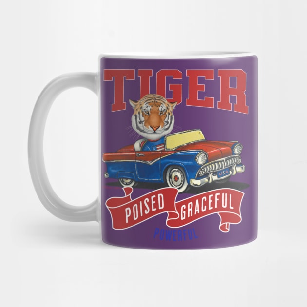 Humor Funny and Cute Tiger in a vintage car driving to a retro parade with red white and blue flags by Danny Gordon Art